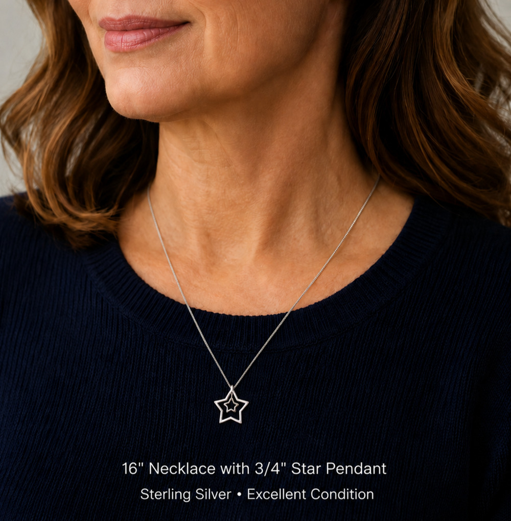 Double 5-Pointed Star Pendant 925 Sterling Silver on 16" Necklace